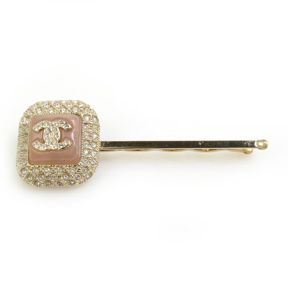 CHANEL Hairpin Hair Coco Mark Metal Stone Rhinestone Gold Pink Silver Women's e5 - Picture 1 of 5